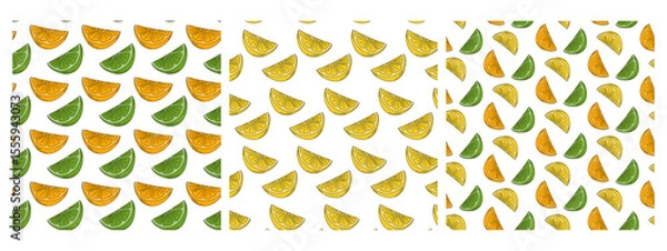 Fototapeta Lemon Lime and Orange Slices Seamless Patterns Citrus Fruits Multicolored Seasonal Backdrops Bundle