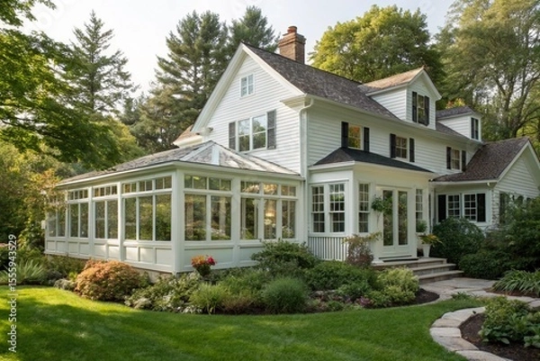 Fototapeta Traditional white suburban house with sunroom addition, bright natural light, classic architecture, elegant design, peaceful garden view, serene yard, and comfortable, relaxing residential living atmo