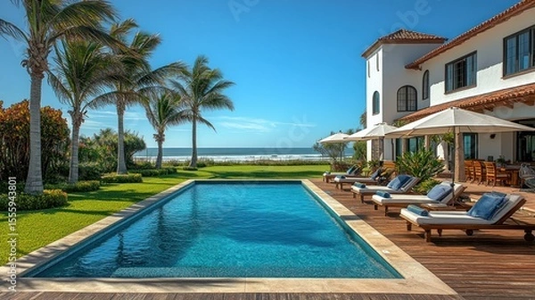 Fototapeta Luxurious beachfront villa with pool