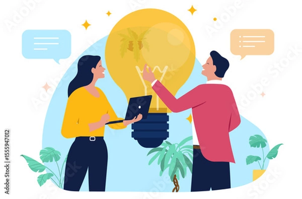 Obraz Two professional businesspeople discussing a business idea next to a large glowing lightbulb, with one holding a laptop and speech bubbles indicating conversation. Flat design vector illustration