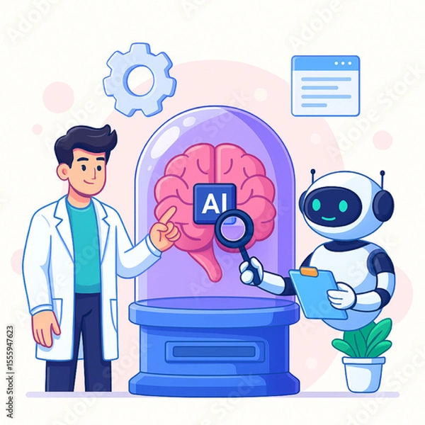 Obraz Scientist and Robot Collaborate on AI Brain Research within a Futuristic Lab, Representing Innovation and Technology Development.