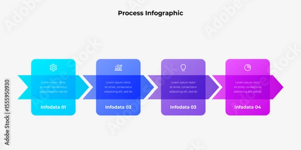 Fototapeta A visually engaging infographic featuring a four step process with vibrant gradient tones and sleek arrow elements, perfect for visualizing workflows, business strategies, or educational purposes