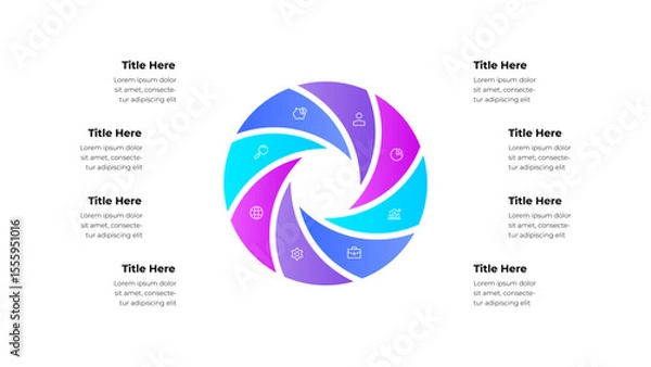 Fototapeta Eight segmented circular infographic chart featuring business and workflow icons, showcasing a vivid gradient design for presentations, workflow management, and data conceptualization