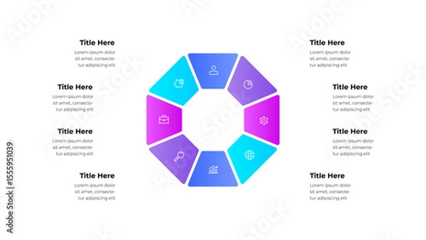 Fototapeta A visually appealing circular infographic design featuring colorful 8 sections and icons, ideal for business, data, and information presentations