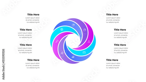 Fototapeta Colorful circular infographic artwork featuring a 8 segmented ring with abstract designs and text blocks, suitable for representing business concepts, presentations, or data visualization