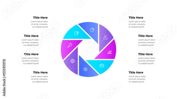 Fototapeta Infographic featuring a 8 segmented circular chart. Business icons and annotations are included for presentation purposes, suitable for data visualizations and professional documents