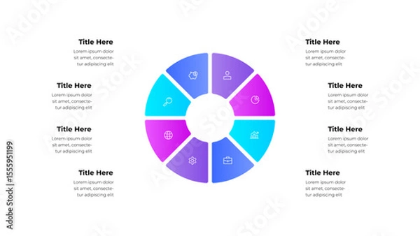 Fototapeta Colorful circular infographic design showcasing 8 segments with icons and text placeholders. Illustration designed for business, data presentation, and visually appealing information presentations
