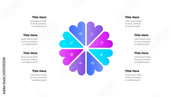 Fototapeta Infographic presenting a circular gradient design featuring segmented sections adorned with icons. Perfect for illustrating concepts such as business, planning, and strategic data visualization