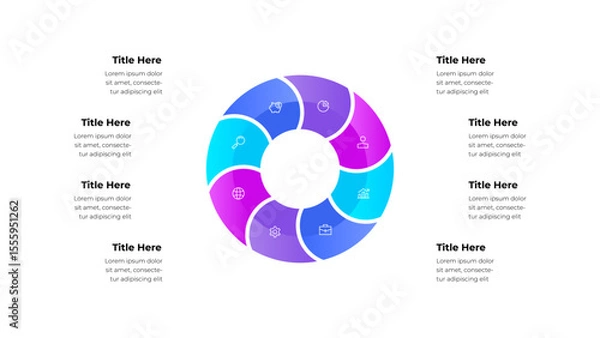 Fototapeta Colorful circular infographic design with eight segments, each containing icons and labels, presenting data-driven visuals for business, education, or marketing purposes