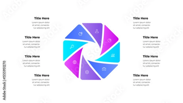 Fototapeta Wheel infographic featuring 8 sections, icons, and placeholder text. Perfect for presentations, data visualization, and business reports, providing a professional and dynamic layout for information