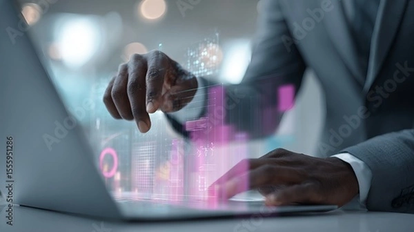 Obraz A man is using a laptop to draw a city skyline. Concept of creativity and innovation, as the man is using technology to bring his ideas to life