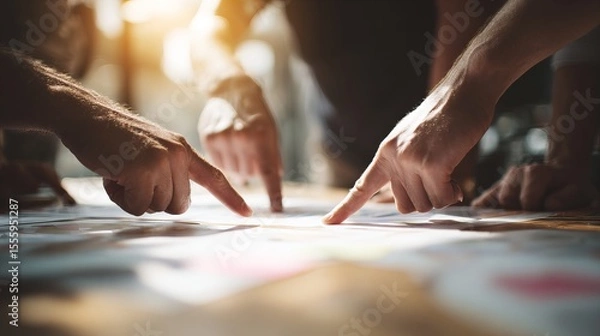 Obraz A group of people are pointing at a piece of paper on a table, that has a few words on it, but the focus is on the hands of the people pointing at it. Scene is collaborative and focused