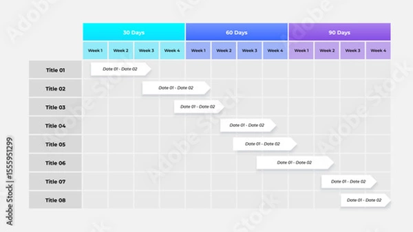 Fototapeta Project planning chart for visualizing deadlines and milestones over a 90-day timeline, featuring week-by-week breakdowns. Ideal for task management, productivity tracking, and goal adherence