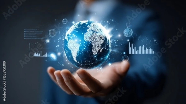 Obraz A man is holding a globe in his hand, surrounded by a variety of data points and graphs. Concept of technological advancement and the interconnectedness of the world