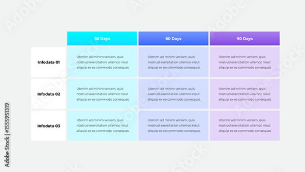 Fototapeta A visually appealing and modern business comparison table displays formatted data insights over three time intervals: 30, 60, and 90 days