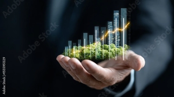 Obraz A hand holding a plant with a graph of a city in the background. Concept of growth and progress, as the plant represents the potential for growth and development