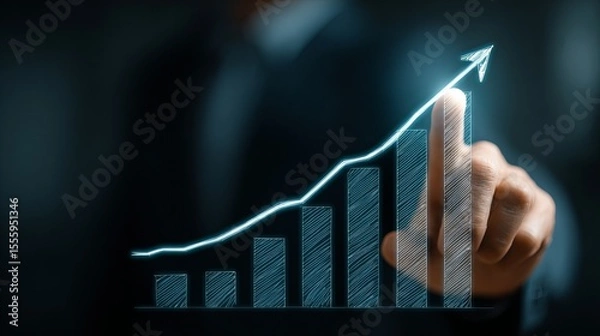 Obraz A man is pointing at a graph that shows a rising trend. Concept of progress and growth, as the man's finger is on the upward arrow