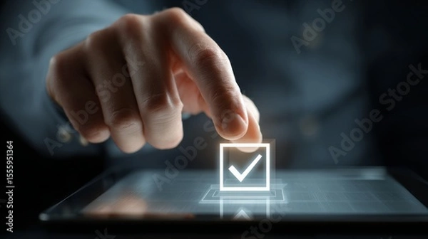 Obraz A hand is pointing at a check box on a tablet. The check box is lit up, indicating that it is checked. Concept of importance and completion