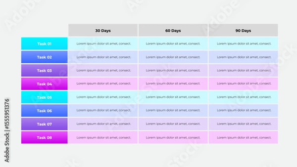 Fototapeta Table showcasing task planning and goals set over 30, 60, and 90 days. Ideal for project management, strategy planning, and organizational frameworks. Visually appealing for business presentations