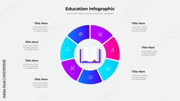 Fototapeta Detailed infographic design featuring a circular layout with educational icons and 7 segments. Perfect for academic presentations and data visualization. Central focus is a book depiction