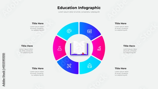 Fototapeta Detailed infographic design featuring a circular layout with educational icons and 6 segments. Perfect for academic presentations and data visualization. Central focus is a book depiction