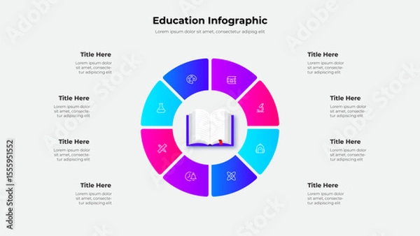 Fototapeta Detailed infographic design featuring a circular layout with educational icons and 8 segments. Perfect for academic presentations and data visualization. Central focus is a book depiction