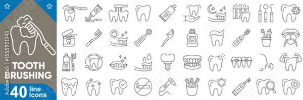 Fototapeta Tooth brushing line icons set. Toothbrush, toothpaste, brushing teeth, dental floss, mouthwash, toothbrush cup, tooth, sparkling tooth, manual brush and more. Vector illustration.
