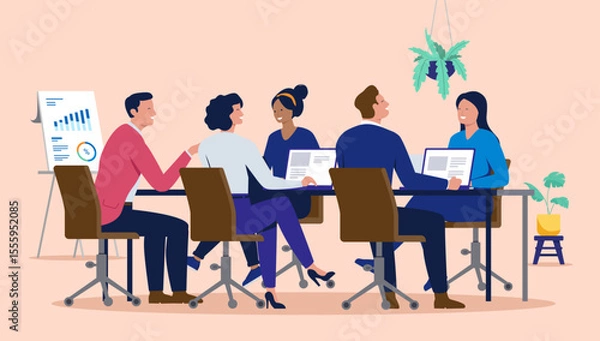 Obraz Team of diverse business professionals sitting around a table in an office meeting, using laptops and discussing work, depicting a collaborative and productive environment. Flat design illustration