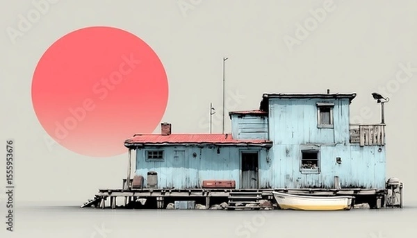 Fototapeta Serene Coastal Dwelling Bathed in the Gentle Glow of a Setting Sun Over Calm Waters