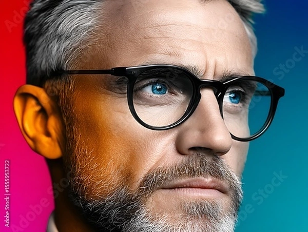 Fototapeta Mature man with glasses and a beard looks intensely into the distance against a vibrant gradient background