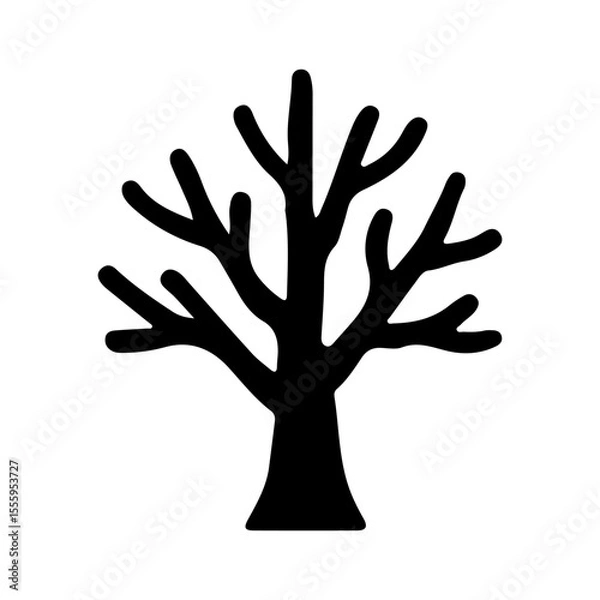Fototapeta Black silhouette icon of leafless tree with branches. Filled vector illustration. Nature and autumn concept. Design for banner, sticker, print, card, poster, invitation. Flat icon view