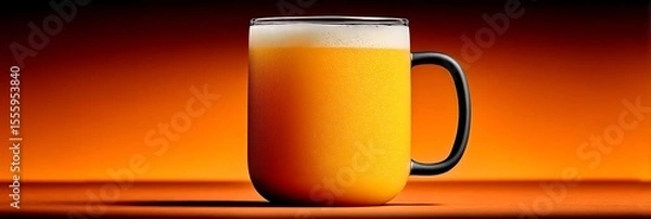 Fototapeta A refreshing beverage with a frothy head sits in a glass mug against a warm orange gradient background