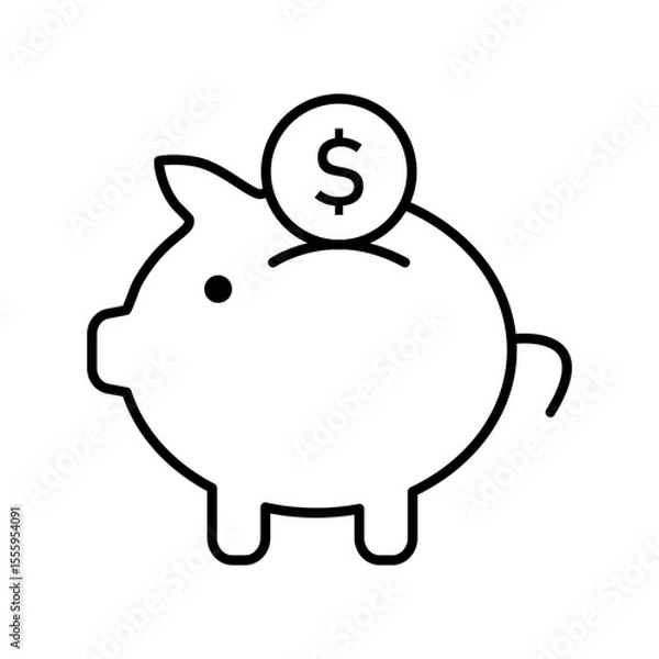 Fototapeta Outline icon of piggy bank with coin and dollar sign. Black linear vector illustration. Savings and finance concept. Design for banner, sticker, print, poster, card, invitation. Flat icon view