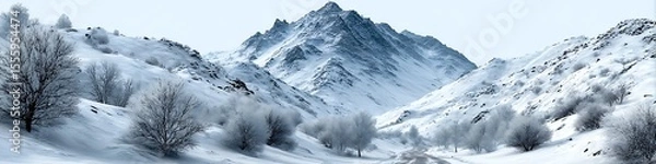 Fototapeta A serene snow covered mountain landscape with mist in the background