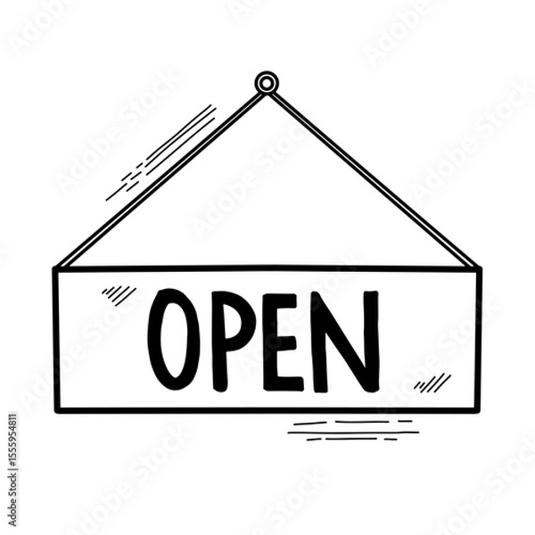 Fototapeta Hand drawn hanging open sign Illustration. Vector Doodle. Isolated on White Background