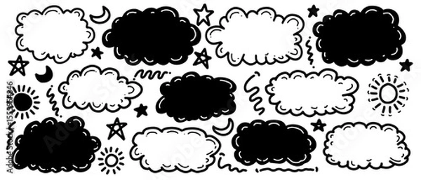 Fototapeta Hand drawn doodle clouds and weather elements set vector illustration