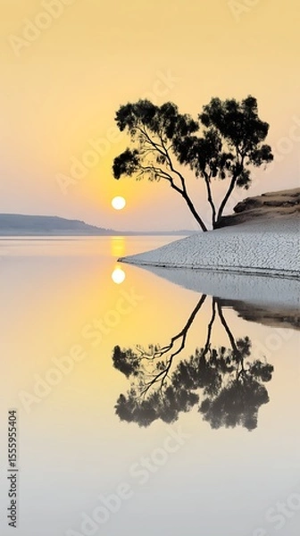 Fototapeta Serene Tree Silhouette Reflected in Calm Water During Golden Hour Sunset