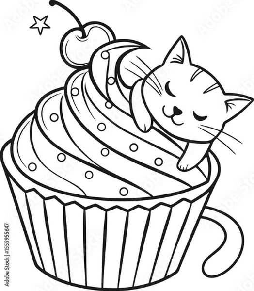 Obraz Black cat with pink birthday cupcake and cherry icing vector illustration