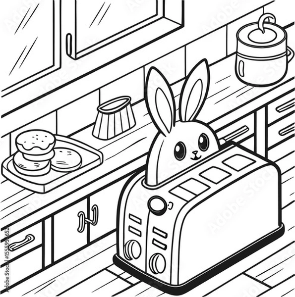 Obraz Vector illustration of a kitchen with a cartoon bunny doodle set