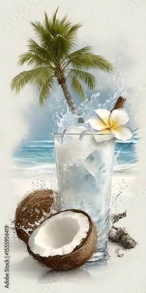 Fototapeta Refreshing Coconut Drink with Tropical Beach Scene and Palm Tree