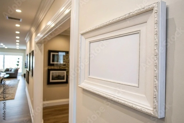 Fototapeta Minimalist white picture frame mockup on wall. Blank canvas template for interior design, artwork, posters, photography display, or advertising presentations in studio or home settings.

