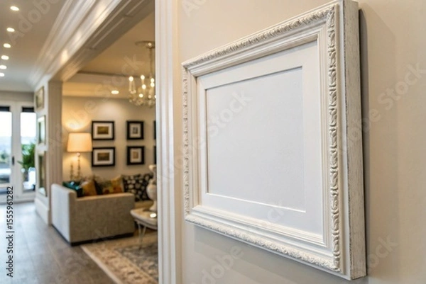 Fototapeta Minimalist white picture frame mockup on wall. Blank canvas template for interior design, artwork, posters, photography display, or advertising presentations in studio or home settings.

