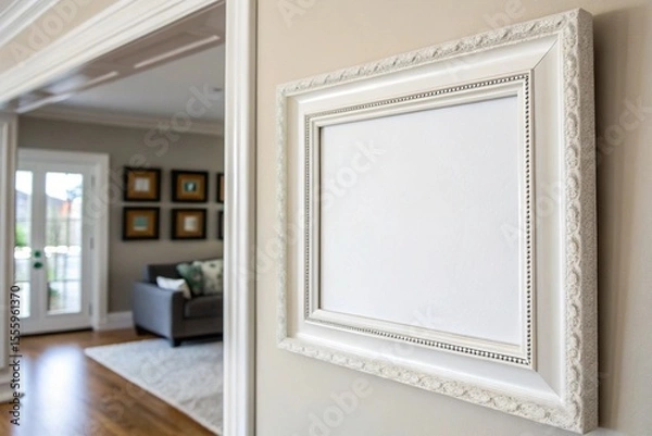 Fototapeta Minimalist white picture frame mockup on wall. Blank canvas template for interior design, artwork, posters, photography display, or advertising presentations in studio or home settings.

