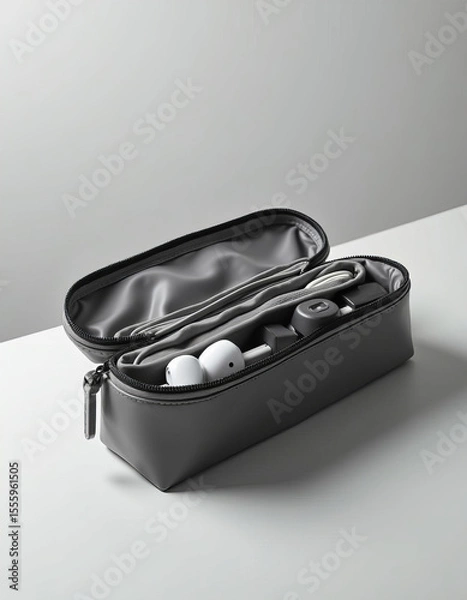 Fototapeta Open Black Protective Case with Wireless Earbuds and Accessories on Gray Surface