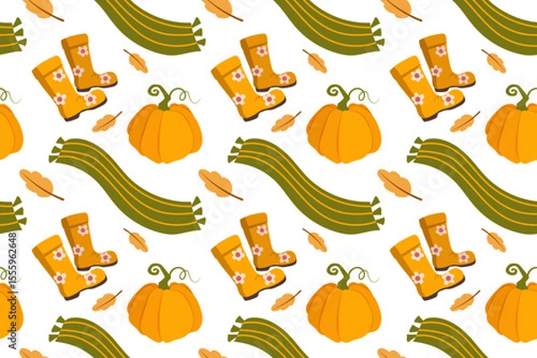 Fototapeta Vector autumn seamless patterns. Illustration with pumpkins, rubber boots, scarf and gloves. Use for paper, cover, gift wrap, fabric