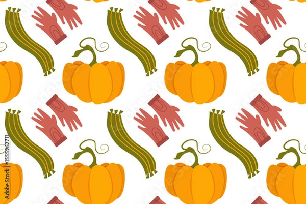 Fototapeta Vector autumn seamless patterns. Illustration with pumpkins, rubber boots, scarf and gloves. Use for paper, cover, gift wrap, fabric