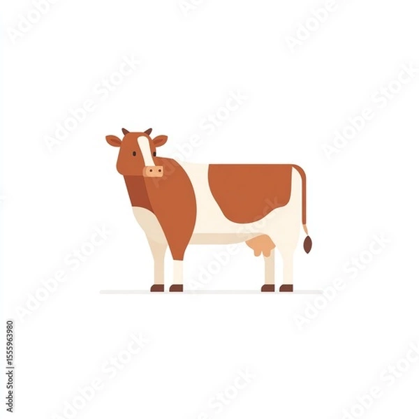Fototapeta A Charming Brown and White Cow, Standing Calmly Against a Pure White Background. Minimalist Design.