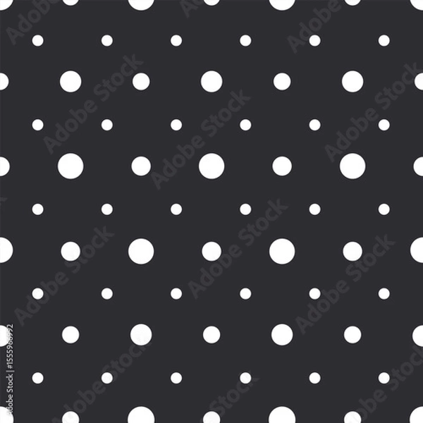 Fototapeta Stylish high-contrast polka dot seamless vector pattern in white on deep charcoal black background for fabric, gift wrap and digital design.