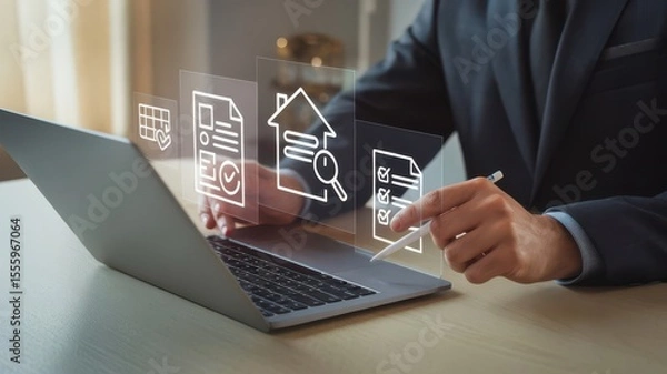 Fototapeta Conceptual digital real estate transaction using modern laptop technology