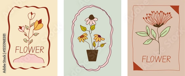 Fototapeta Vintage floral spring doodle hand drawn whimsical frame with wavy line set of cute cards or posters in coquette style.  Shabby chic pastel frames with flower leaves, tulip, pot. Vector illustration 